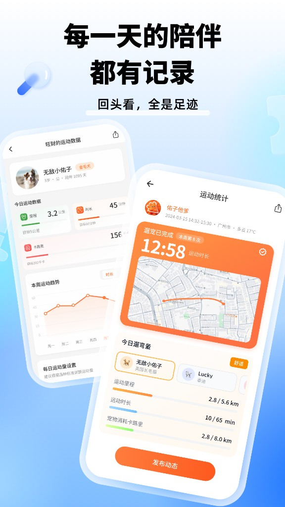 遛探 运动数据统计与每一天的陪伴示意